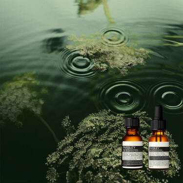 Deux flacons format voyage 15 mL Aesop poses sur de la mousse verte immergee sous une eau sombre et ondulante.