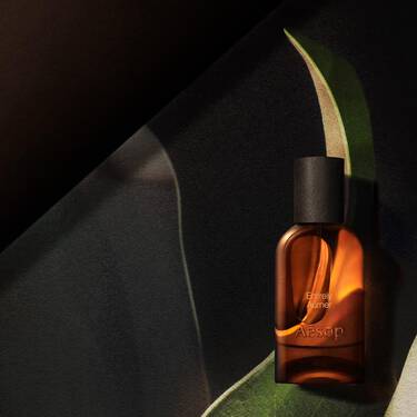 Flacon Aesop ambre solitaire, baigne d’une lueur chaleureuse, encadre de formes courbes evoquant des feuilles, dans des tons vert fonce, creme et noir.